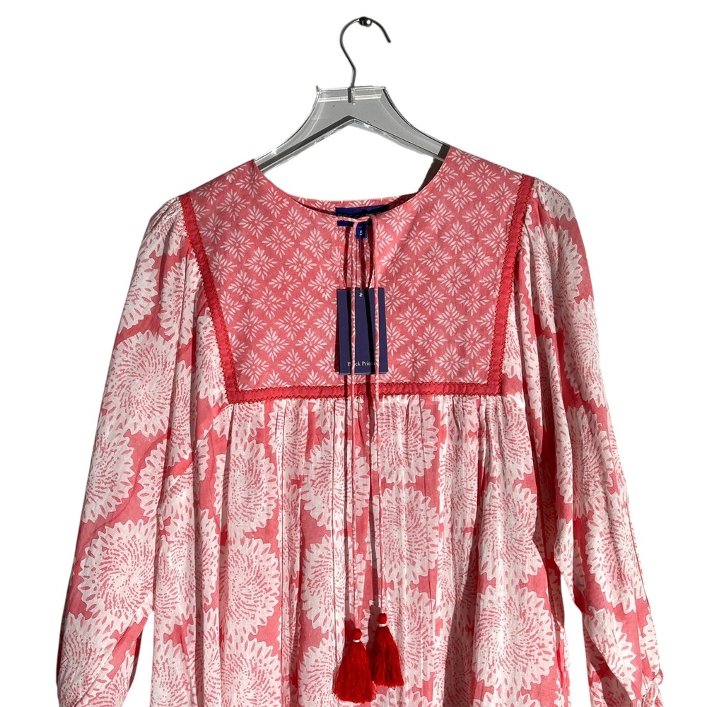 Ro's Garden Floral Pullover Tassel Bohemian Midi Dress Balloon Sleeve Small Pink - Picture 7 of 10